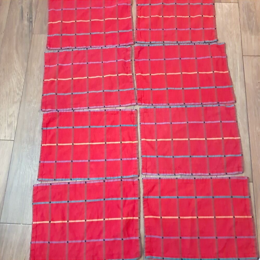 Vintage Dansk placemat set 8 red plaid windowpane rainbow cotton Ritva Puotila